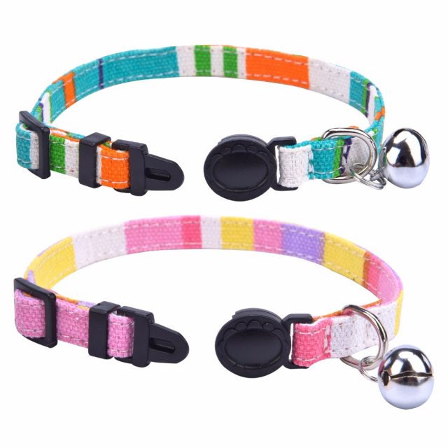 Adjustable Rainbow Canvas Cat Collar with Bell